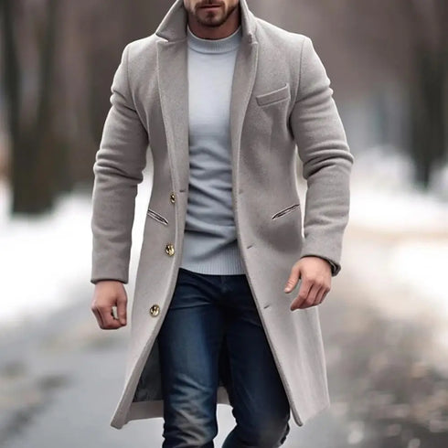 Elegant Men's Woolen Coat with Lapel Pockets - Single Breasted Long Sleeve Jacket Perfect for Autumn and Winter Casual Wear